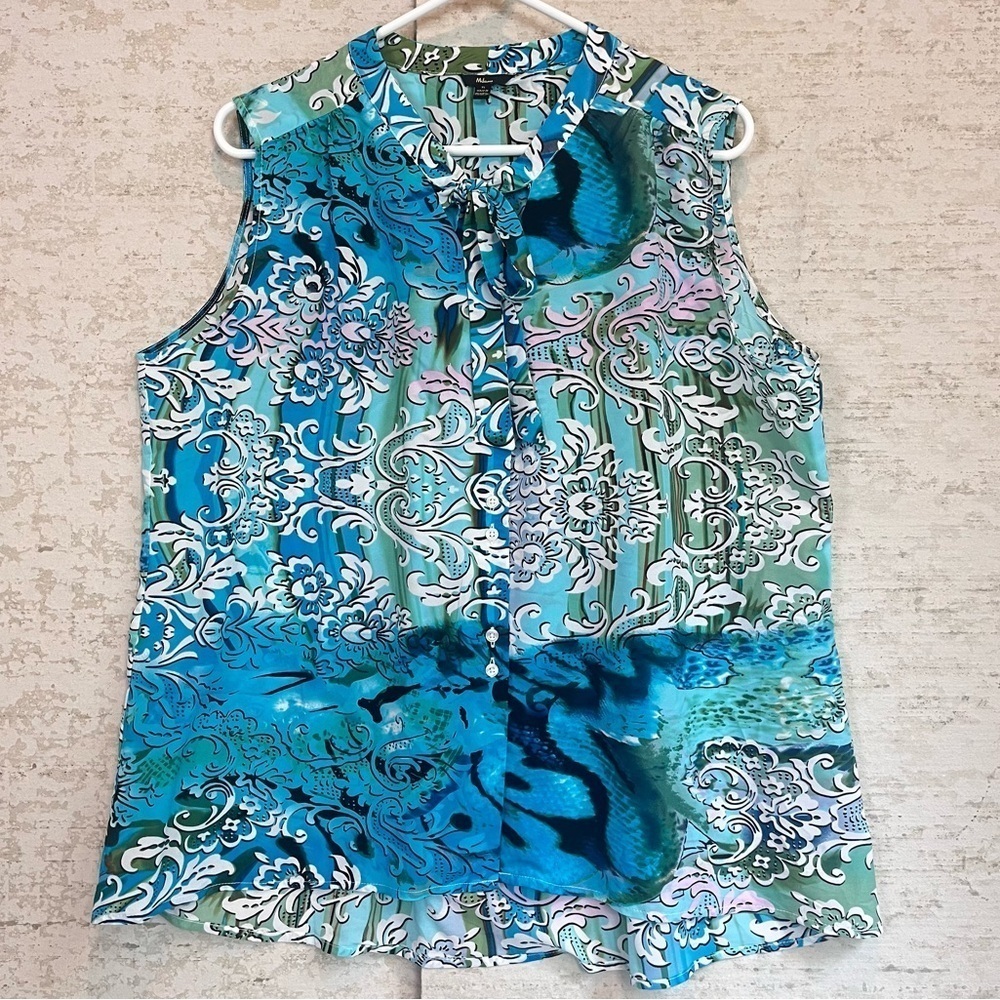 Milano Sleeveless Blue Floral Watercolor Blouse Sz XL Neck Tie Boho Coastal
